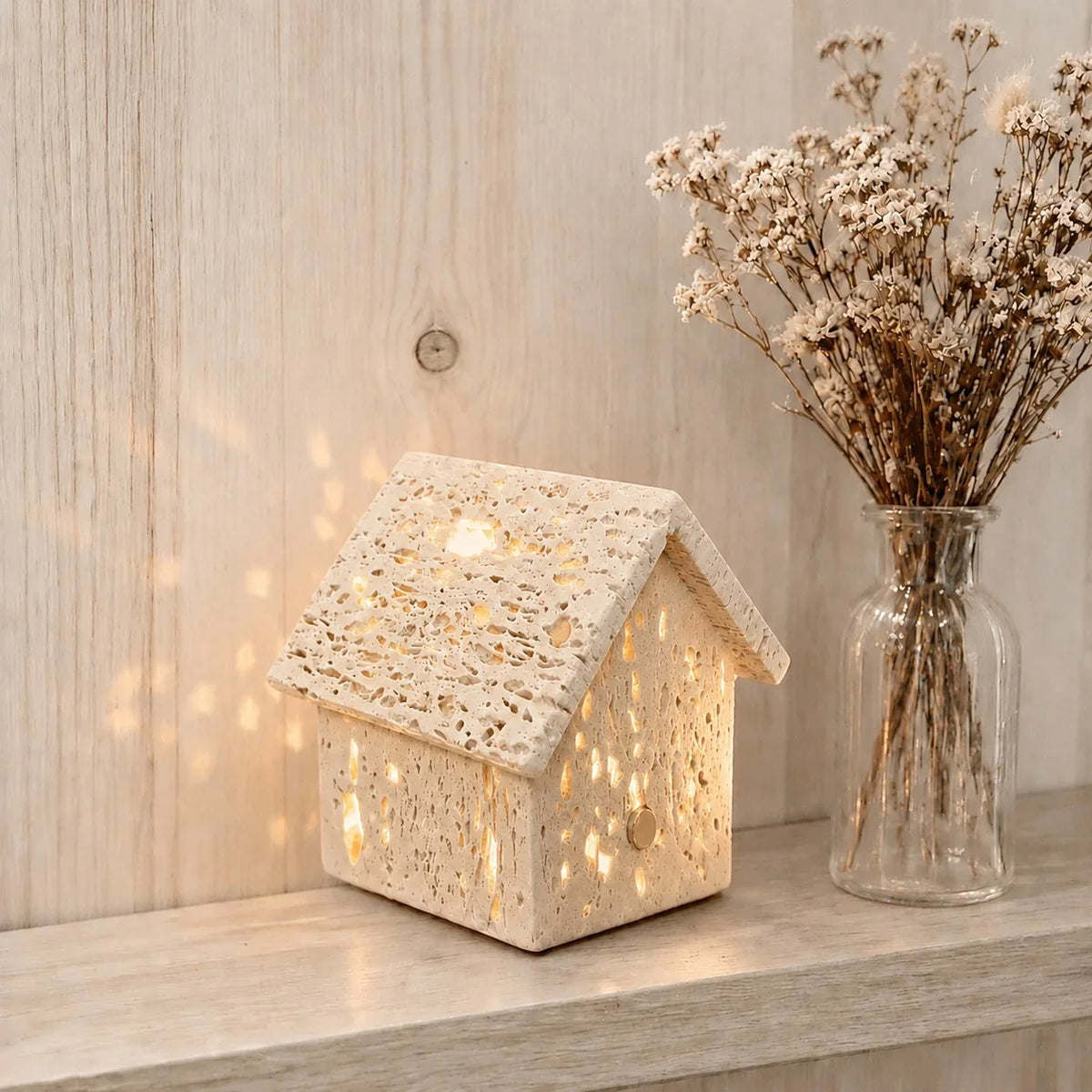 Wrenn Wabi Sabi Travertine House Shaped Table Lamp 0