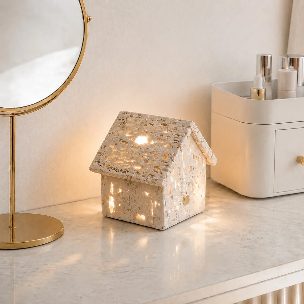 Wrenn Wabi Sabi Travertine House Shaped Table Lamp 5